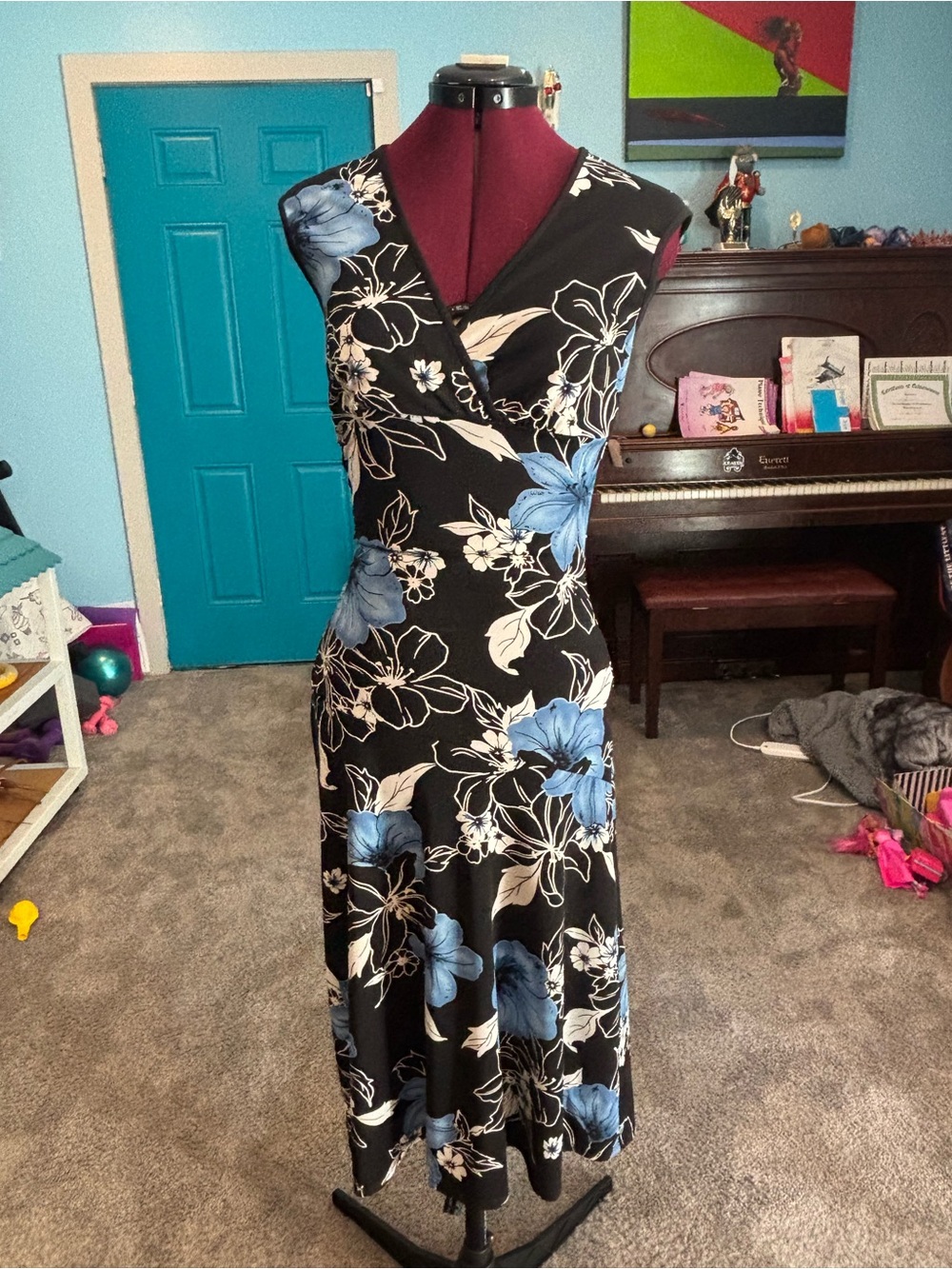 Black Floral V-Neck Blue & Cream Midi Dress